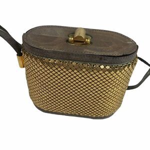 Vintage Comeco Gold Chainmail Purse Gray Leather